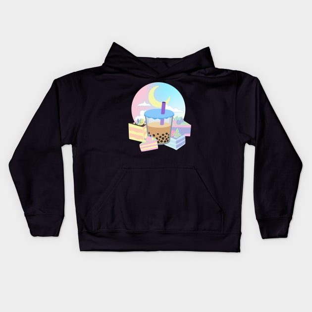 Boba Tea Cake Pastel Kawaii Moon Bubble Tea Dessert Cute Japanese Y2K Vaporwave Kids Hoodie by Super Kawaii Club